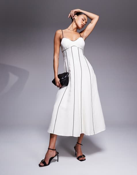 Forever New - Vestito midi crema e cioccolato con profili a contrasto in lino - view 1