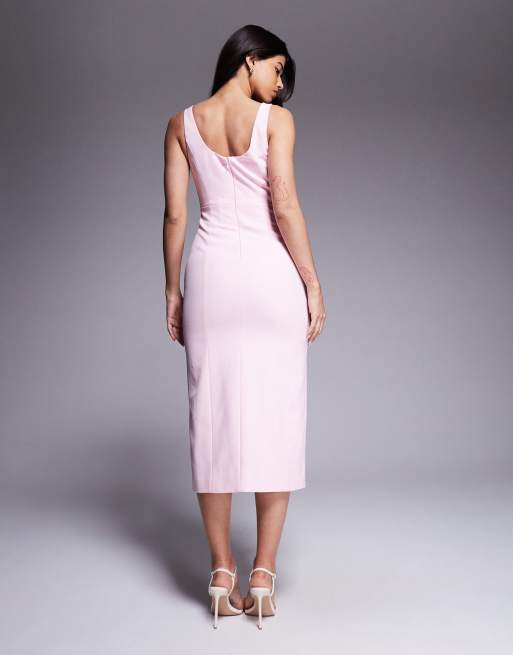 Forever New - Vestito midi elasticizzato rosa tenue con scollo rotondo e spacco sul davanti, 3 di 4