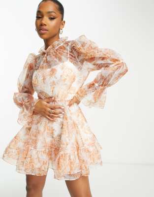 Forever New - Vestito midi in organza con maniche a sbuffo albicocca a fiori