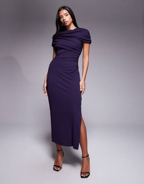 Forever New - Vestito midi in rete arricciato viola scuro con dettaglio stile mantella sulle spalle - view 1