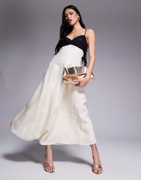 Forever New - Vestito nero e crema a contrasto in lino con gonna al polpaccio - view 1