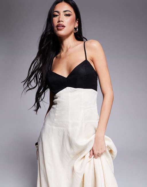 Forever New - Vestito nero e crema a contrasto in lino con gonna al polpaccio, 2 di 4