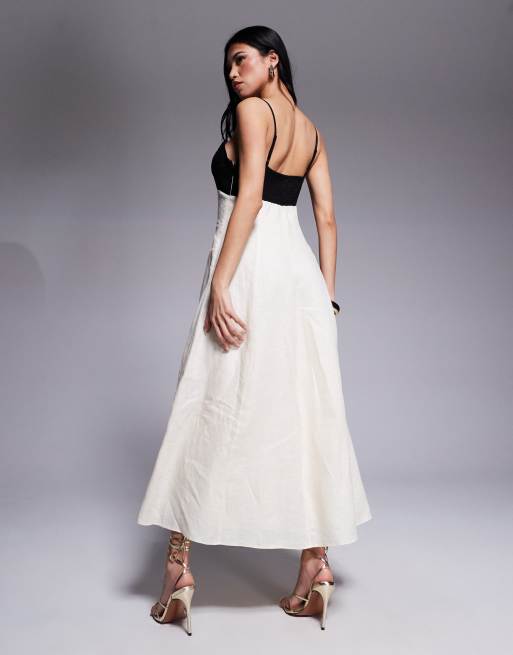 Forever New Vestito nero e crema a contrasto in lino con gonna