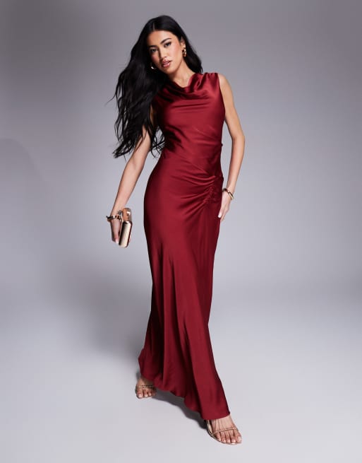 Forever New - Vestito sottoveste in raso color vino con drappeggio