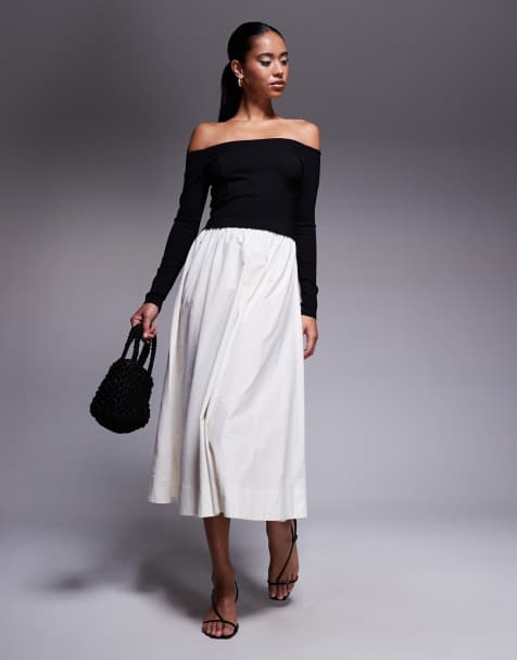 Forever New – Wadenlanges Kleid in Schwarz und Cremeweiß mit Carmen-Ausschnitt und asymmetrischem Saum - view 1
