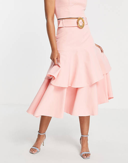 Forever New wicker belt tiered midaxi skirt co-ord in pink