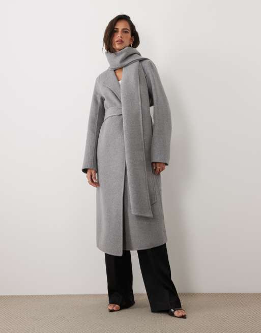 Forever New wool blend belted scarf detail longline coat in grey, 3 of 4