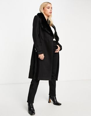 Forever New wrap tie coat with faux fur collar in black