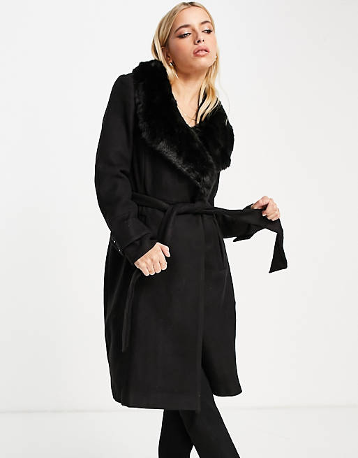Women Forever New wrap tie coat with faux fur collar in black 