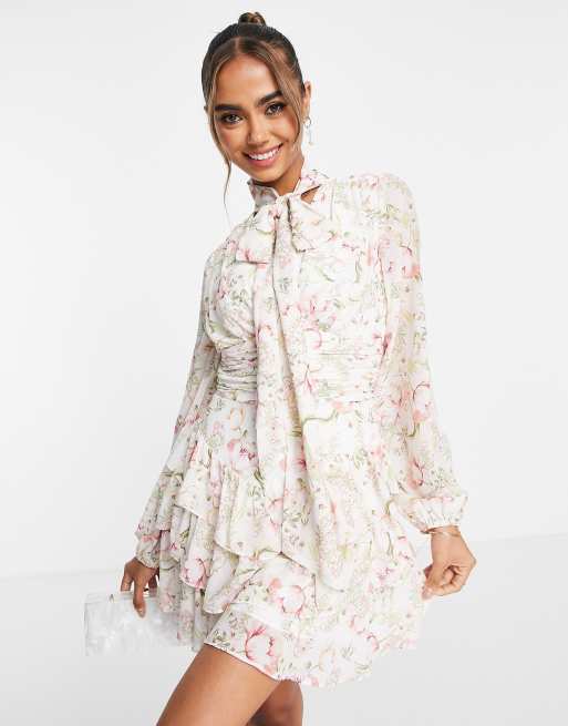 Forever New wrap tie frill mini dress in ivory floral | ASOS