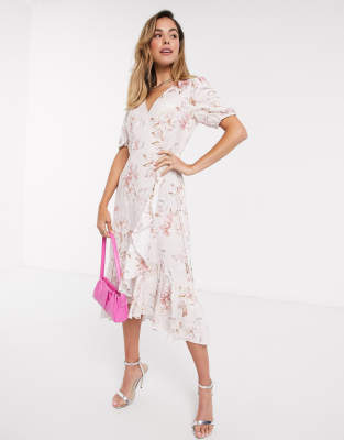 forever new wrap ruffle floral midi dress