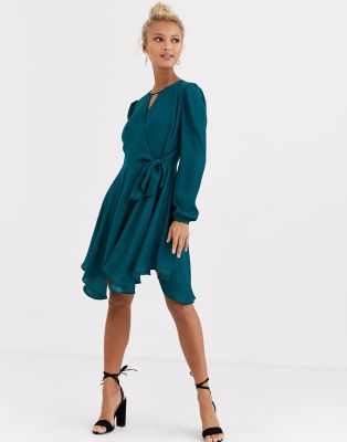 Forever New wrap tie mini dress in emerald green