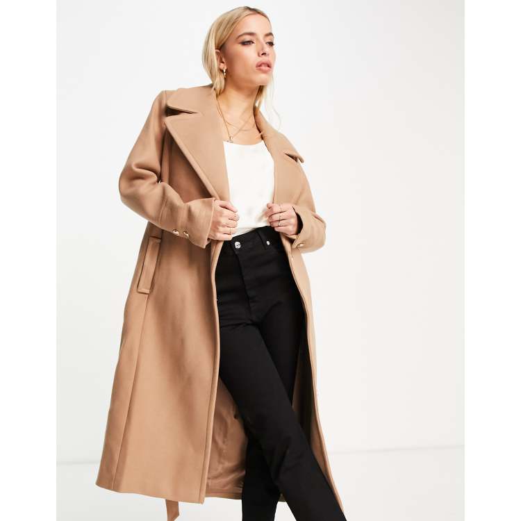 Forever New wrap tie smart midi formal coat in camel ASOS