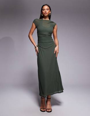 Forever New - Zweilagiges Midaxikleid aus Netzstoff in Khaki-Brown