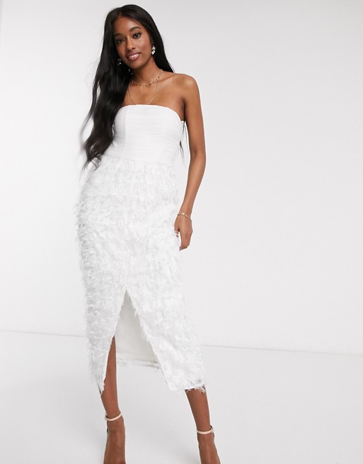 Forever U bandeau midi pencil dress with 3D fringe in white