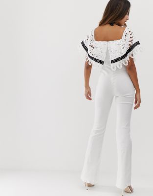 bardot lace trim crop jumpsuit