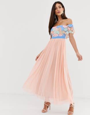 Forever U bardot maxi dress with lace trim-Pink