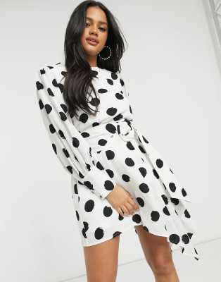 Forever U belted asymmetric mini dress with elongated cuffs in oversized spot-White