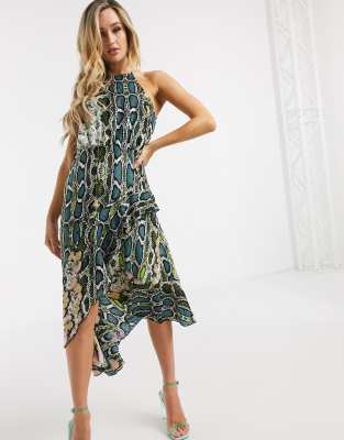 forever unique green snake tie midi dress