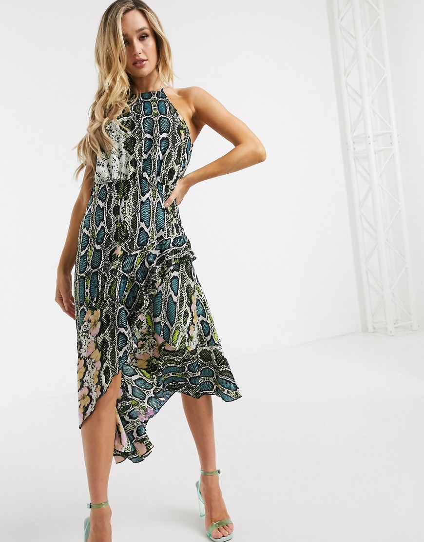 Forever U by Forever Unique high neck midi dress with ruffle in snake print-Multi