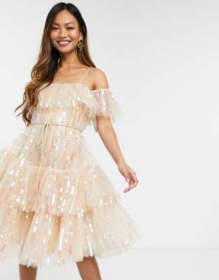 Forever U cold shoulder midi dress with sequins in mink-Pink