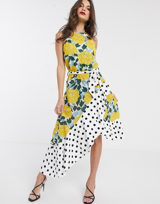 Forever U Collection asymmetric dress in bright floral and polkadot mix
