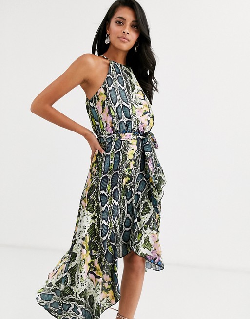 Forever U Collection halter neck wrap tie ruffle dress in multi snake print