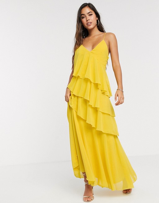 Forever U Collection ruffle maxi cami dress with thigh split in yellow