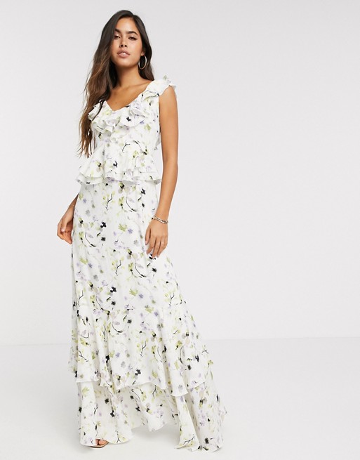Forever U Collection satin ruffle maxi dress in soft floral