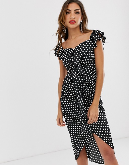 Forever U Collection wrap midi dress with sweetheart neckline in polka dot print