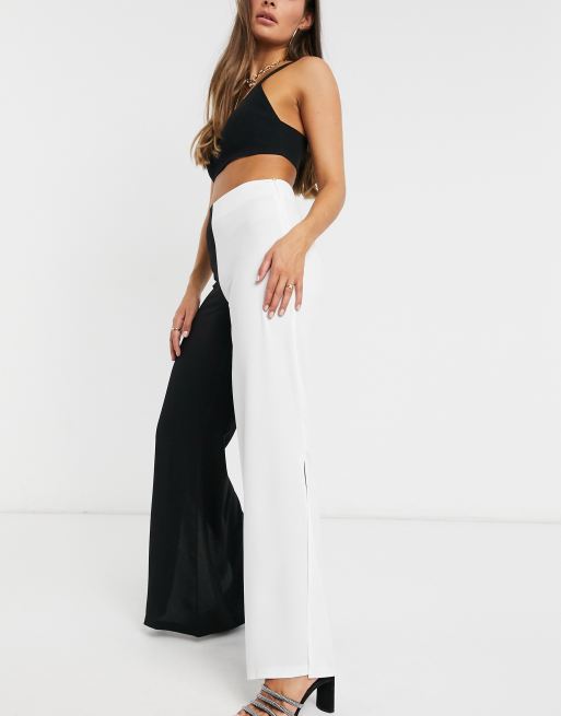 Forever U colour block pants with split in black & white