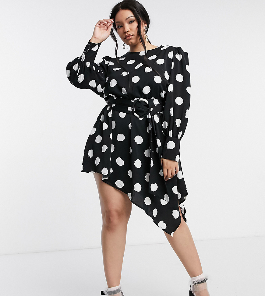 Forever U Curve belted asymmetric mini dress with elongated cuffs in oversized dots-Black