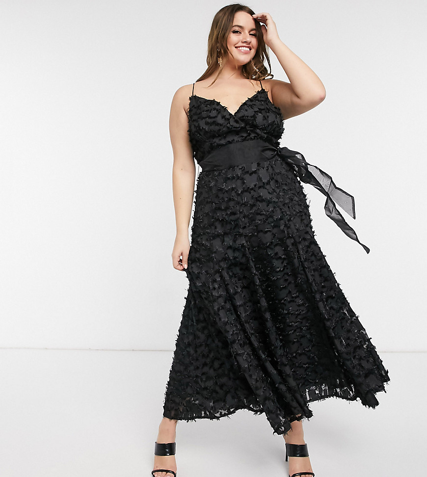 Forever U Curve midi dress with fringe 3D fabrication in black