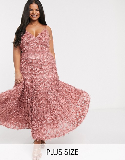 Forever U Curve midi dress with fringe 3D fabrication in dusty rose