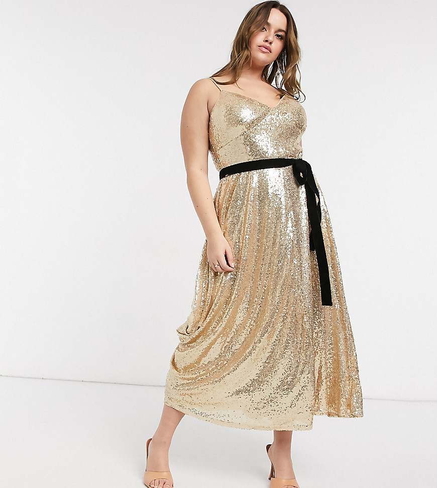 Forever U Curve sequin cami skater midi dress with contrast bow in gold