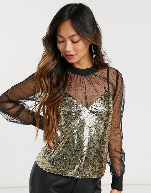 Forever U dobby mesh long sleeve top with sequin cami in black and gold