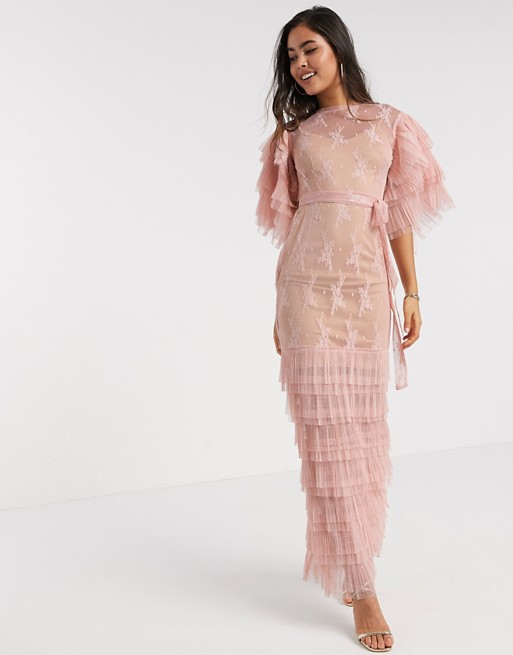 Forever U lace maxi dress with ruffle detail in pink
