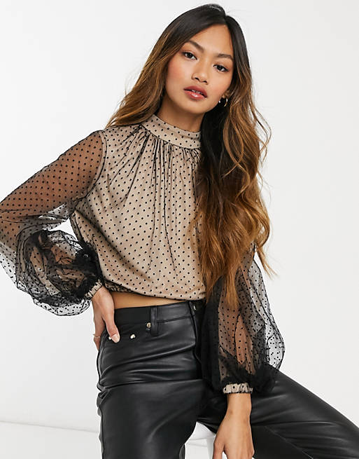  Shirts & Blouses/Forever U high neck gathered polka dot mesh blouse with balloon sleeves in black 