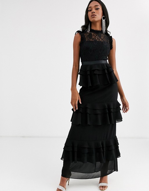 Forever U high neck tiered maxi dress with lace yolk in black