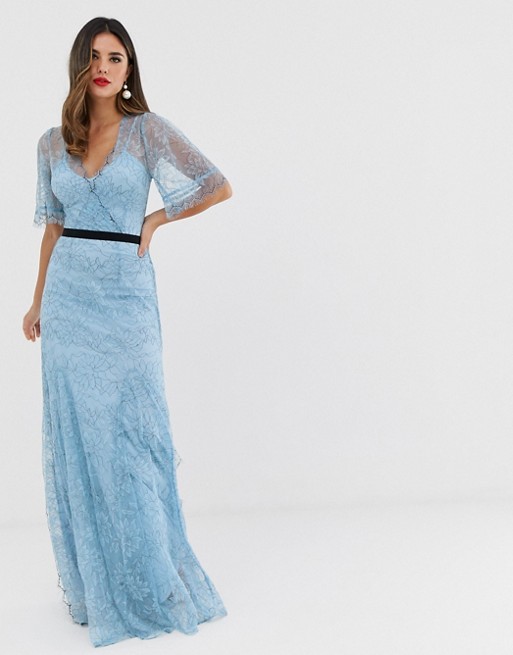 Forever U lace maxi dress with contrast waistband in blue
