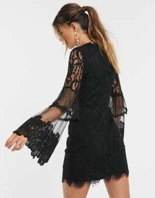 Forever U lace mini dress with bell sleeves in black