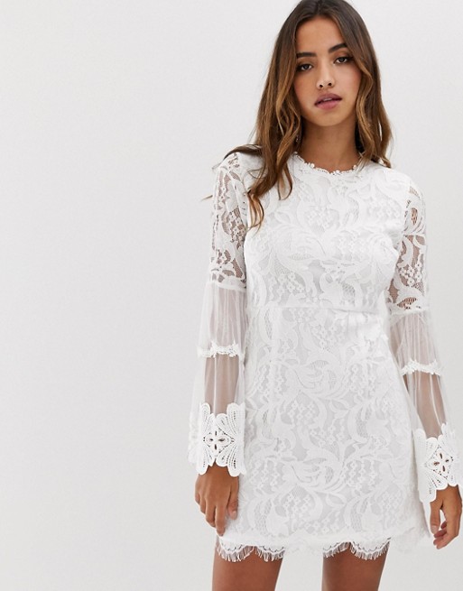 Forever U lace mini dress with bell sleeves in white