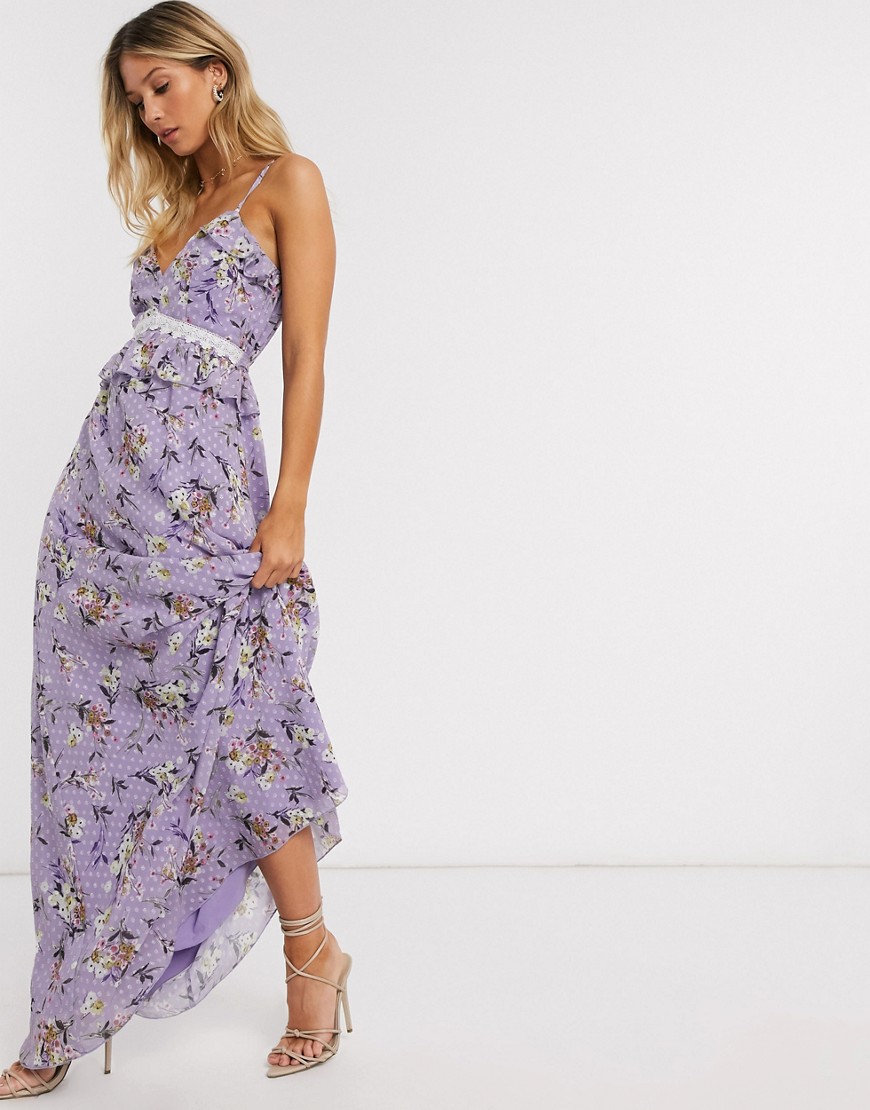 Forever U - Lange cami-jurk met ruches in lila met bloemenprint-Paars