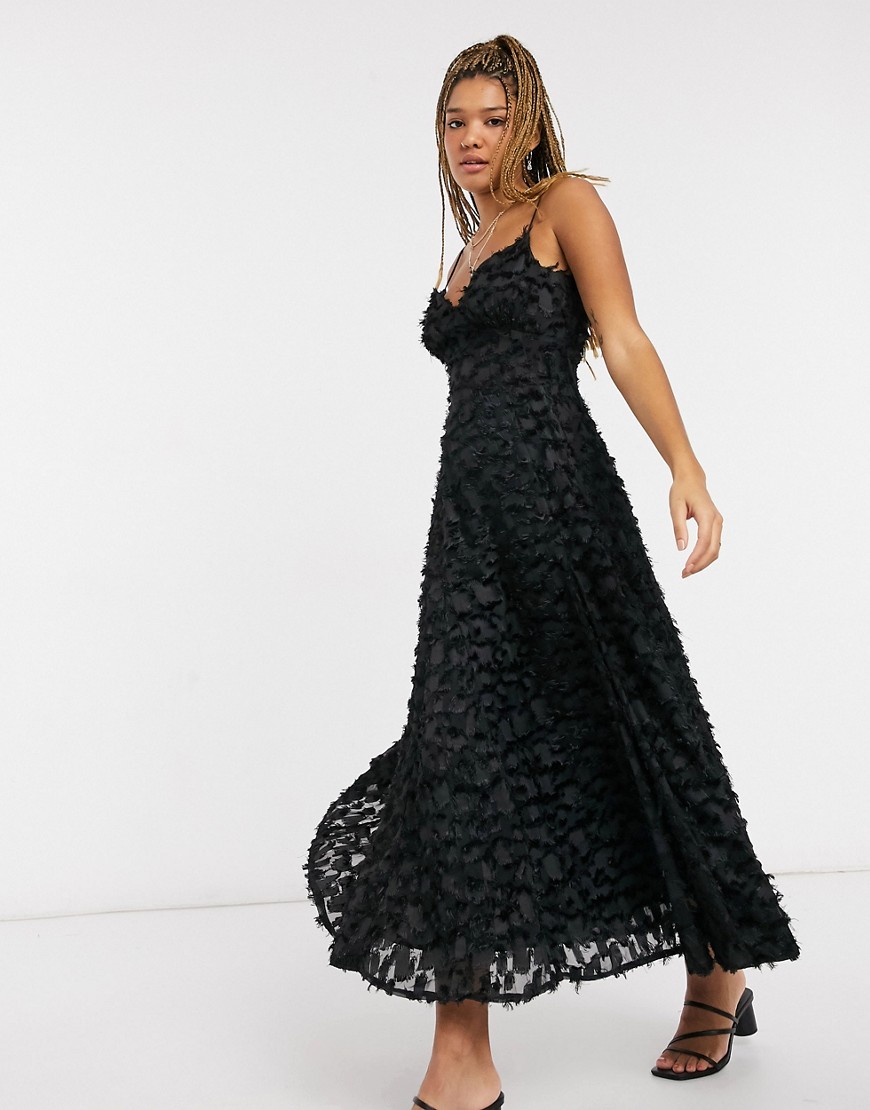 Forever U midi dress with fringe 3D fabrication in black