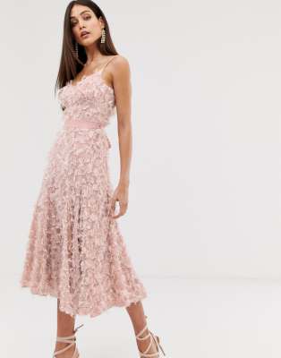 forever unique pink printed bardot midi dress