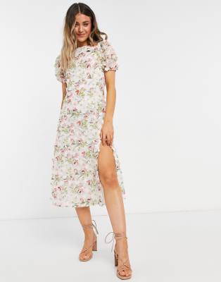 Forever U midi dress with slit in white floral lace-Pink