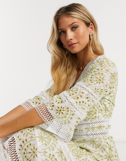 Forever U mini dress in contrast broderie in lime