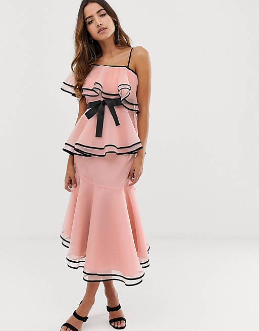 Forever U organza midi dress with contrast piping in pink