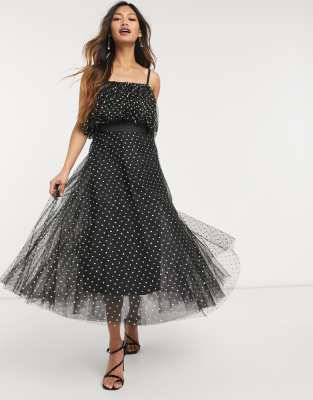 Forever U organza ruffle midi dress with gold dots in black