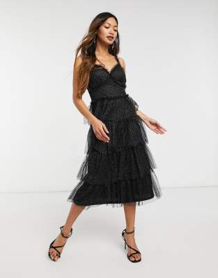 Forever U Organza Tiered Dress In Black Glitter | ModeSens